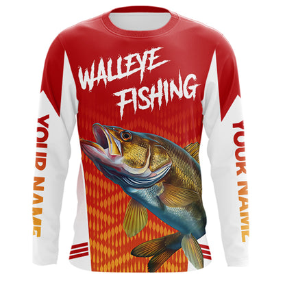 Walleye Fishing Shirts Long Sleeve Custom Fishing Tournament Jersey Red Camo For Men, Walleye Fishing Apparel NBT365