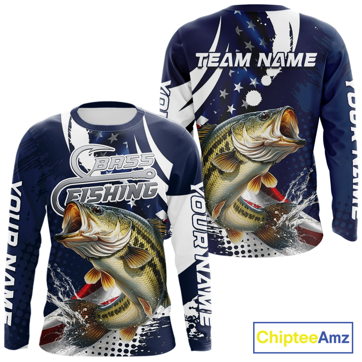 Bass Fishing American Flag Custom Long Sleeve Tournament Fishing Shirts, Patriotic Bass Fishing Jerseys NBT717