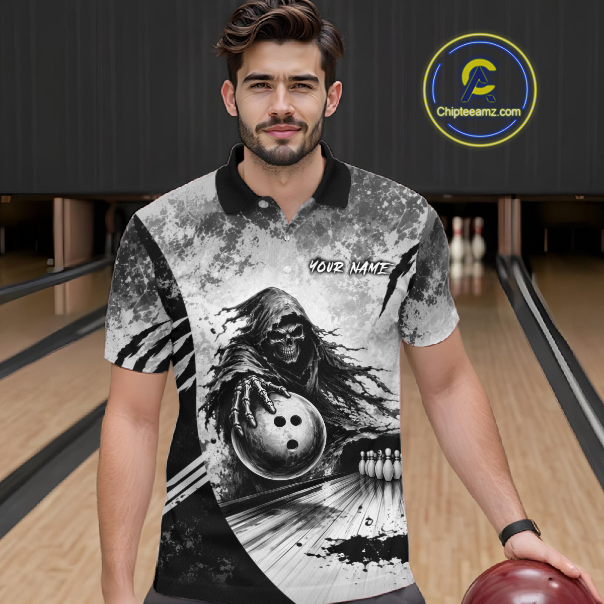 Bowler wearing custom gray camo skeleton Grim Reaper bowling shirt on the lanes