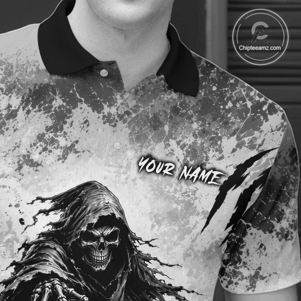 Custom Gray Camo Skeleton Grim Reaper Bowling Men Polo Quarter-Zip Shirt, Halloween Bowling Jersey NBT911