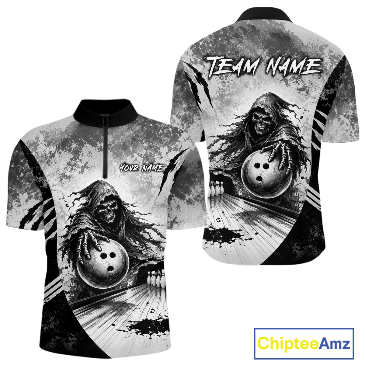 Front and back view of custom gray camo skeleton Grim Reaper bowling men’s quarter-zip shirt