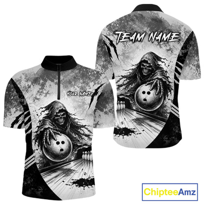 Front and back view of custom gray camo skeleton Grim Reaper bowling men’s quarter-zip shirt