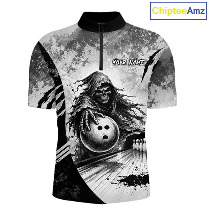 Front view of custom gray camo skeleton Grim Reaper bowling men’s quarter-zip shirt