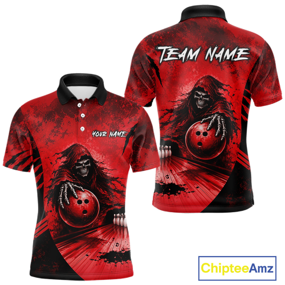 Front and back view of custom gray camo skeleton Grim Reaper bowling men’s polo shirt