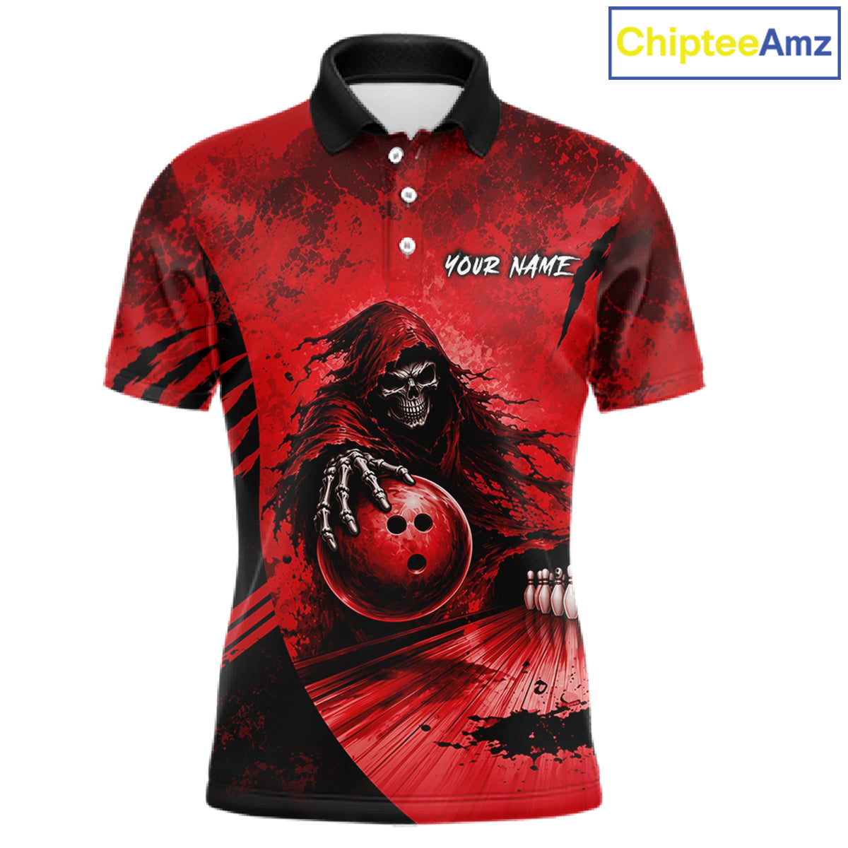 Front view of custom red camo skeleton Grim Reaper bowling men’s polo shirt
