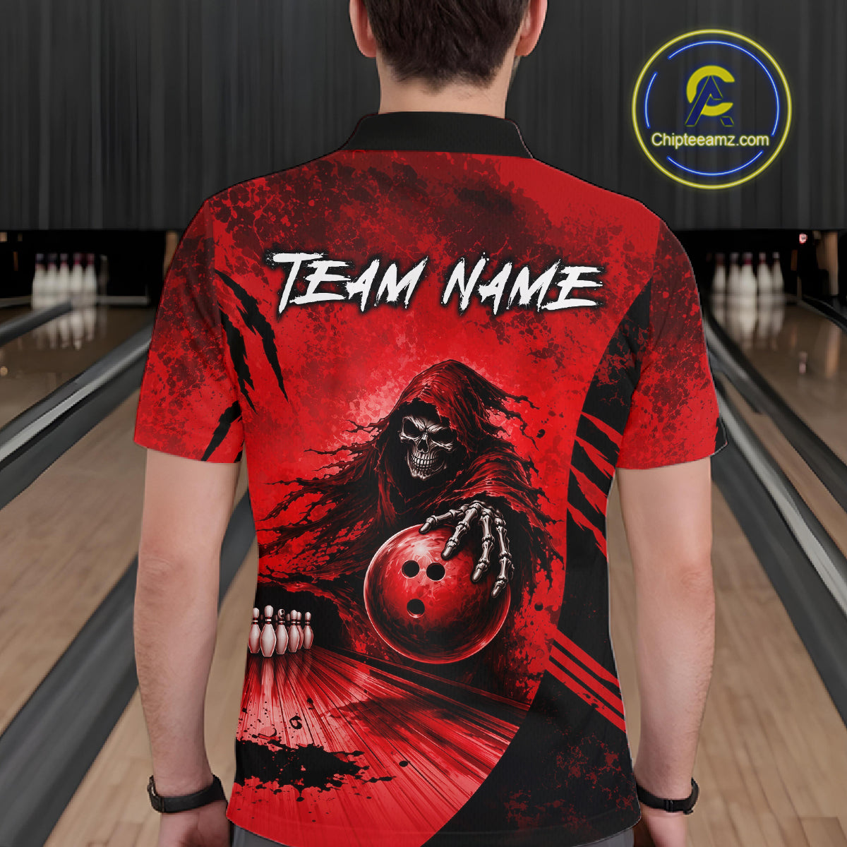 Bowler wearing custom red camo skeleton Grim Reaper polo bowling shirt on the lanes - back view
