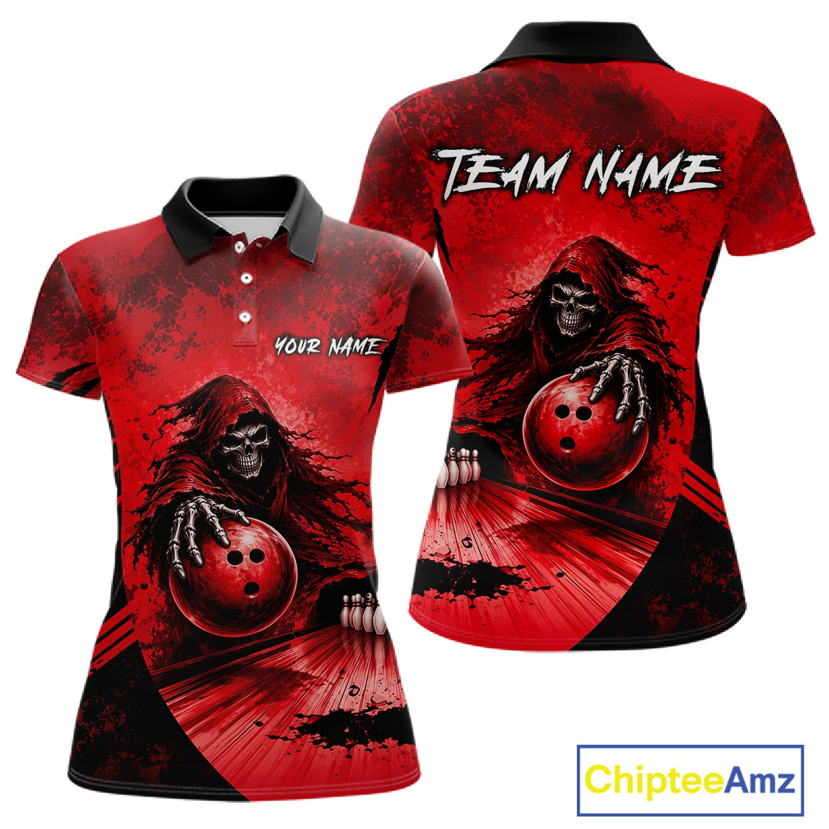 Custom Red Camo Skeleton Grim Reaper Bowling Women Quarter-Zip Shirt, Halloween Bowling Jersey NBT912