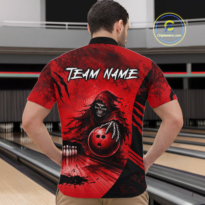 Bowler wearing custom red camo skeleton Grim Reaper bowling shirt on the lanes - back view