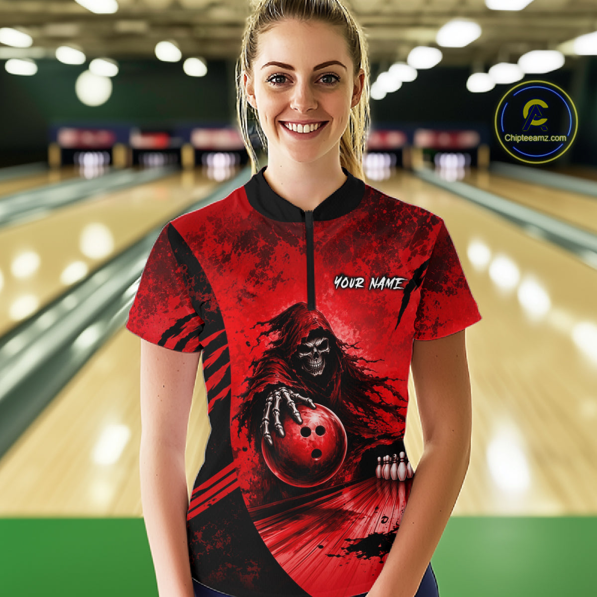Custom Red Camo Skeleton Grim Reaper Bowling Women Quarter-Zip Shirt, Halloween Bowling Jersey NBT912