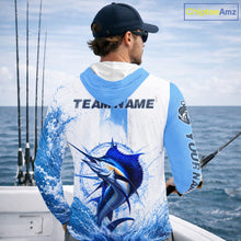 Load image into Gallery viewer, Angler wearing Sailfish long sleeve hooded fishing shirt custom sailfish fishing, breathable UPF 30+ long sleeve hooded fishing shirt on the boat