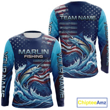 Load image into Gallery viewer, Front and back view American Flag Marlin Fishing Shirt personalized patriotic long sleeve UPF fishing shirt