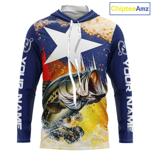 Custom Texas Flag Bass Fishing Shirts, Funny Fishing Beer Shirts Long Sleeve Hooded For Team NBT618