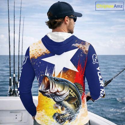 Custom Texas Flag Bass Fishing Shirts, Funny Fishing Beer Shirts Long Sleeve Hooded For Team NBT618