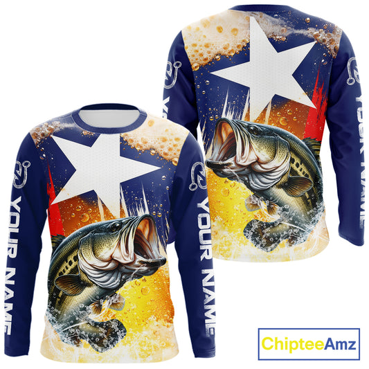 Custom Texas Flag Bass Fishing Shirts, Funny Fishing Beer Shirts Long Sleeve For Team NBT618