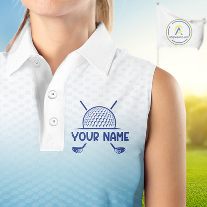 Blue White Womens Sleeveless Polo Golf  Shirts Custom Name Golf Shirt For Women, Golf Team Clothes NBT504