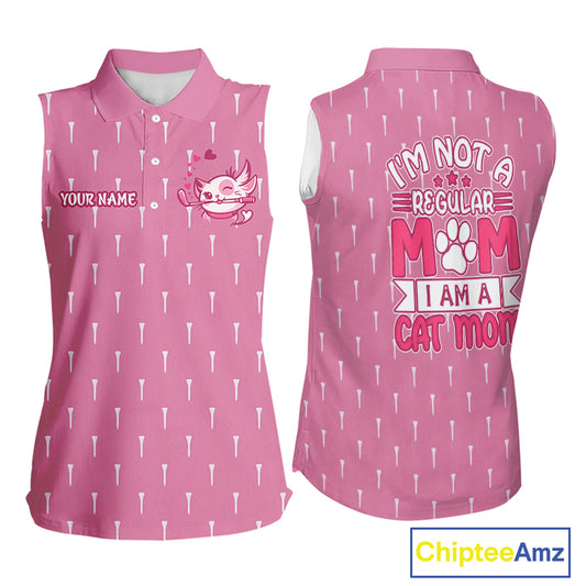 back view of humorous cat mom womens sleeveless golf polo shirt custom name golf gift
