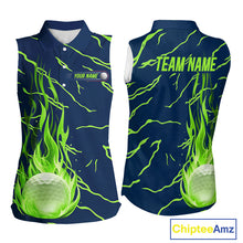 Load image into Gallery viewer, back view of green flame pattern womens sleeveless golf polo matching golf outfit