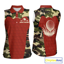Load image into Gallery viewer, Red Camo Womens Sleeveless Golf Polo Shirts Custom Golf Outfit For Ladies, Team Golf Shirts NBT633