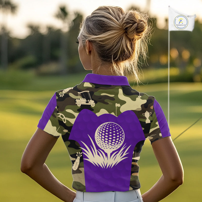 Purple Camo Womens Golf Polo Shirts Custom Golf Outfit For Ladies, Team Golf Shirts NBT635