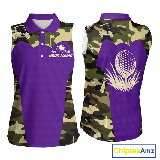 Purple Camo Womens Sleeveless Golf Polo Shirts Custom Golf Outfit For Ladies, Team Golf Shirts NBT635