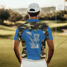 Load image into Gallery viewer, Mens Disc Golf Polo Shirt Custom Name Camo Disc Golf Basket, Personalized Disc Golf Shirts|Blue NBT640
