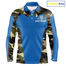 Load image into Gallery viewer, Mens Disc Golf Polo Shirt Custom Name Camo Disc Golf Basket, Personalized Disc Golf Shirts|Blue NBT640