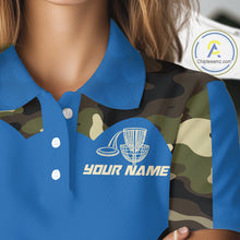 Load image into Gallery viewer, Womens Disc Golf Polo Shirt Custom Name Camo Disc Golf Basket, Personalized Disc Golf Shirts|Blue NBT640