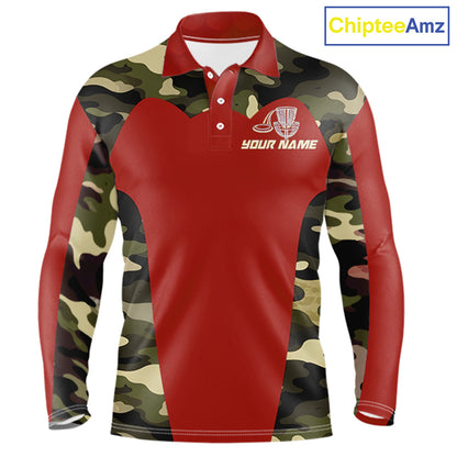 Mens Disc Golf Polo Shirt Custom Name Camo Disc Golf Basket, Personalized Disc Golf Shirts|Red NBT642