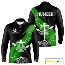 Load image into Gallery viewer, Green Mens Disc Golf Polo Shirts Custom Thunder Lightning Team Disc Golf Jerseys, Disc Golf Gifts NBT651