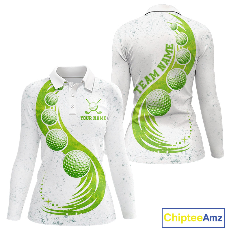 Womens Golf Polo Shirt Green Golf Ball Pattern Custom Name White Golf Shirts, Golf Gifts For Women NBT536