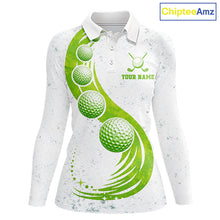 Load image into Gallery viewer, Womens Golf Polo Shirt Green Golf Ball Pattern Custom Name White Golf Shirts, Golf Gifts For Women NBT536