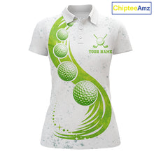 Load image into Gallery viewer, Womens Golf Polo Shirt Green Golf Ball Pattern Custom Name White Golf Shirts, Golf Gifts For Women NBT536