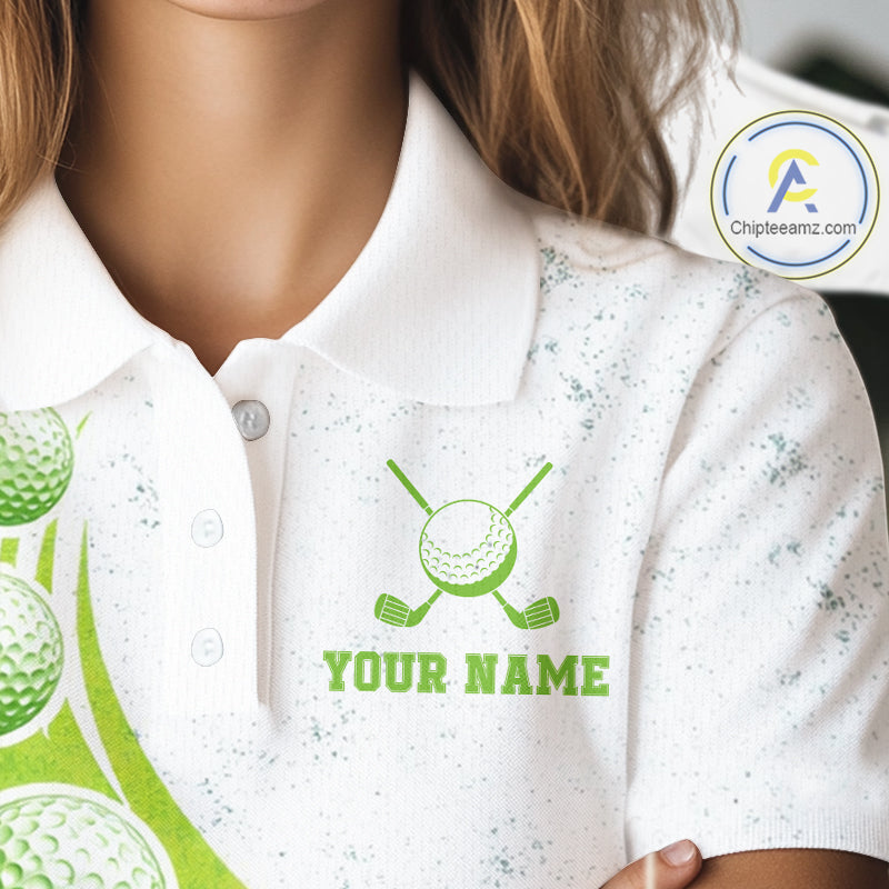 Womens Golf Polo Shirt Green Golf Ball Pattern Custom Name White Golf Shirts, Golf Gifts For Women NBT536