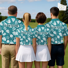 Load image into Gallery viewer, Four people wearing teal floral patterned shirts with 'TEAM NAME' text on a golf course.