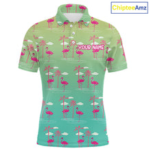 Load image into Gallery viewer, Pink Flamingo Palm Tree Mens Golf Polo Shirt, Tropical Golf Shirt, Cute Flamingo Print Summer Polo NBT538
