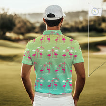 Load image into Gallery viewer, Pink Flamingo Palm Tree Mens Golf Polo Shirt, Tropical Golf Shirt, Cute Flamingo Print Summer Polo NBT538
