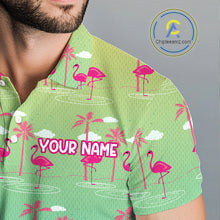 Load image into Gallery viewer, Pink Flamingo Palm Tree Mens Golf Polo Shirt, Tropical Golf Shirt, Cute Flamingo Print Summer Polo NBT538