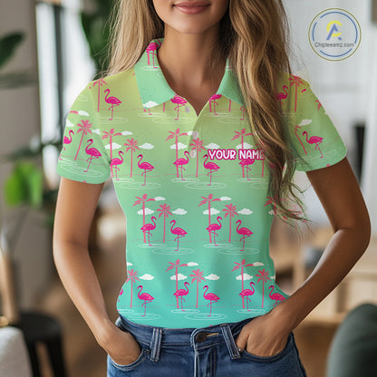 Pink Flamingo Palm Tree Womens Golf Polo Shirt, Tropical Golf Shirt, Cute Flamingo Print Summer Polo NBT538