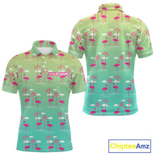 Load image into Gallery viewer, Pink Flamingo Palm Tree Mens Golf Polo Shirt, Tropical Golf Shirt, Cute Flamingo Print Summer Polo NBT538
