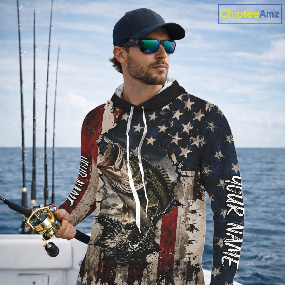 Bass Fishing 3D American Flag Patriotic Shirts Customize Hooded Bass Fishing Jerseys, Sun Protection Shirts NBT939