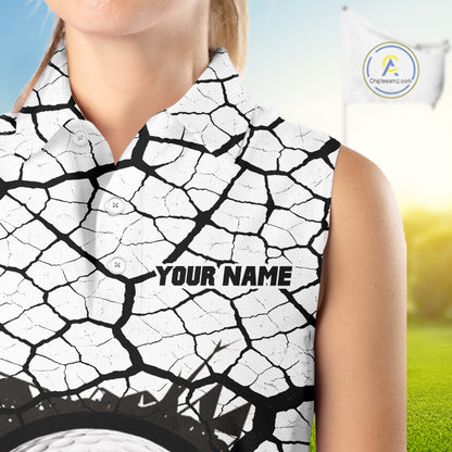 Golf Ball Breaking Sleeveless Polo Shirt, Black And White Cracking Pattern Polo Shirt, Best Golf Gift For Women NBT542