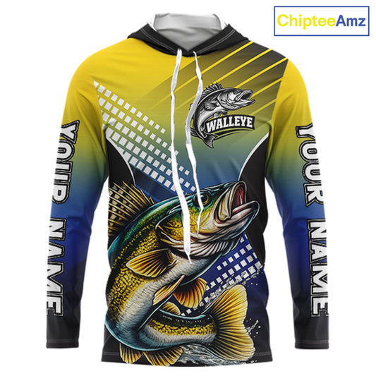 Walleye Long Sleeve Hooded Fishing Shirts Blue And Yellow Camo Custom Name, Walleye Fishing Shirts NBT439
