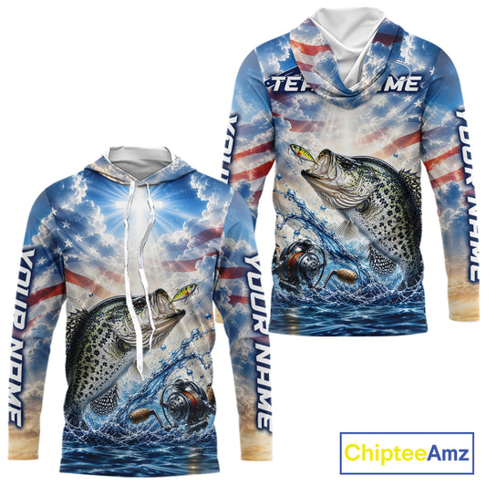 Custom Faith Crappie American Flag Patriotic Long Sleeve Hooded Fishing Shirt, US Fishing Jerseys NBT947