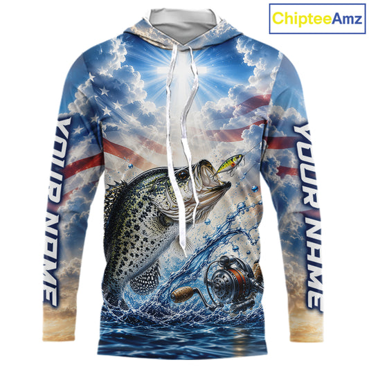 Custom Faith Crappie American Flag Patriotic Long Sleeve Hooded Fishing Shirt, US Fishing Jerseys NBT947