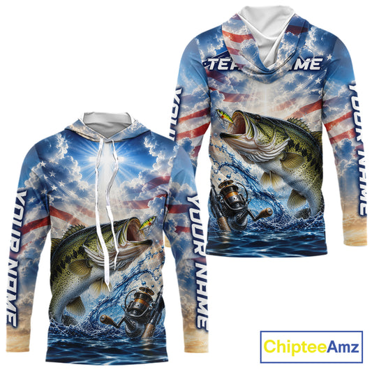 Custom Faith Largemouth Bass American Flag Patriotic Long Sleeve Hooded Fishing Shirt, US Fishing Jerseys NBT948