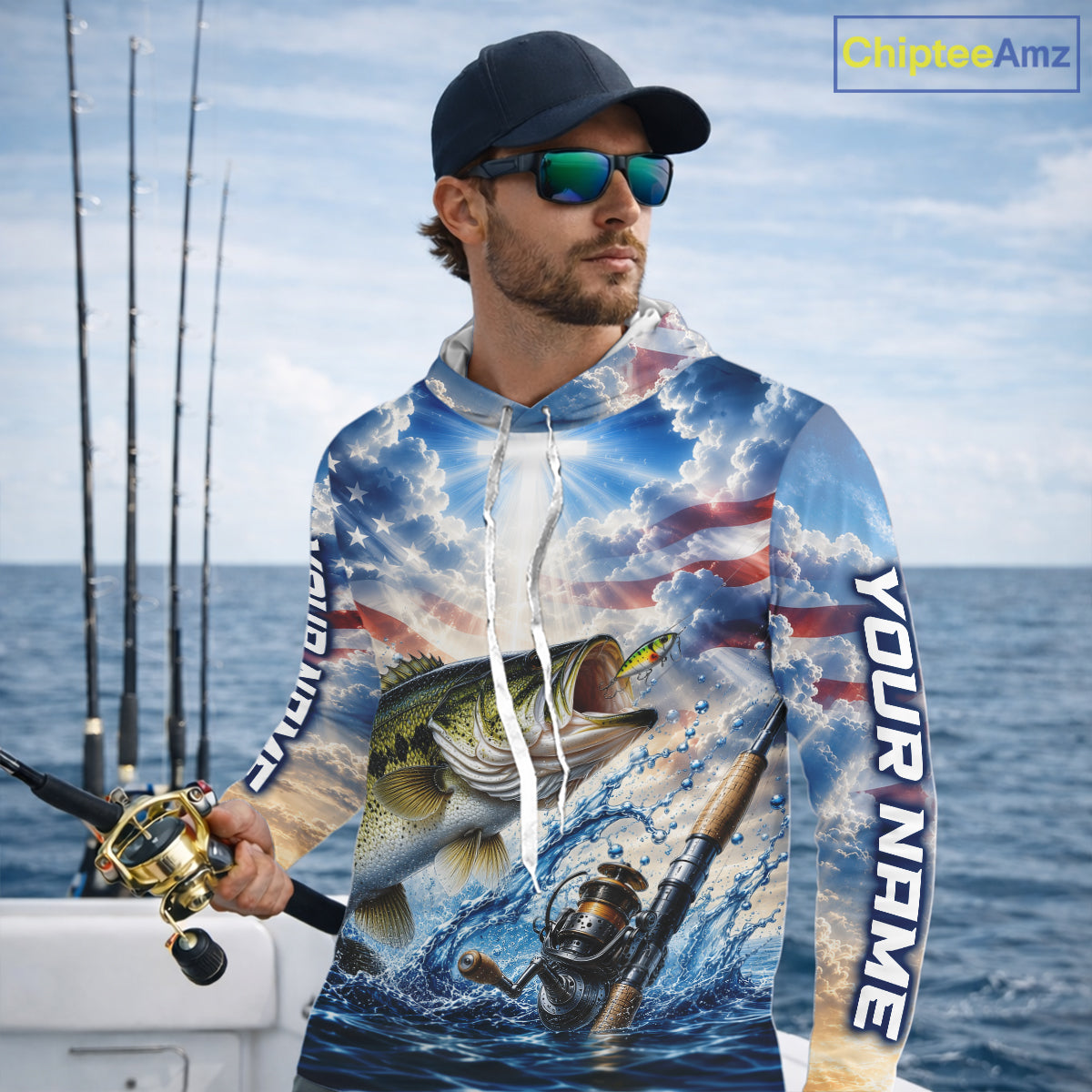 Custom Faith Largemouth Bass American Flag Patriotic Long Sleeve Hooded Fishing Shirt, US Fishing Jerseys NBT948