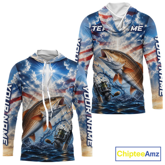 Custom Faith Redfish American Flag Patriotic Long Sleeve Hooded Fishing Shirt, US Fishing Jerseys NBT949