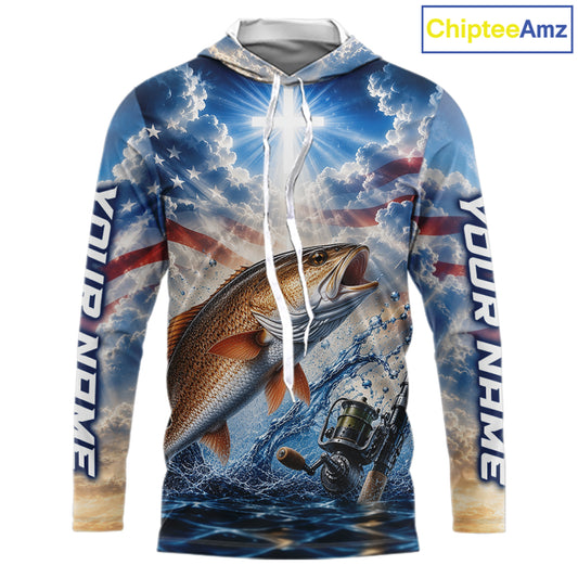 Custom Faith Redfish American Flag Patriotic Long Sleeve Hooded Fishing Shirt, US Fishing Jerseys NBT949