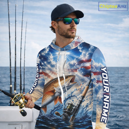 Custom Faith Redfish American Flag Patriotic Long Sleeve Hooded Fishing Shirt, US Fishing Jerseys NBT949