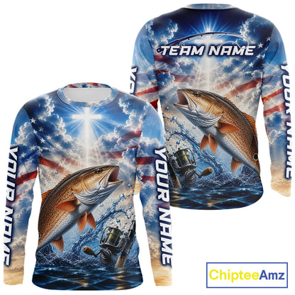Custom Faith Redfish American Flag Patriotic Fishing Shirt Long Sleeve, US Fishing Jerseys NBT949